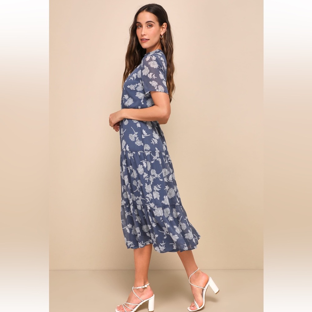 LULUS Rokoko Floral Dressed Up Dusty Blue White Floral Print Midi Dress